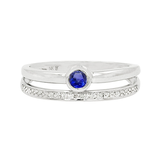 14K White Gold Sapphire Light Brown Diamond Ring, Bezel Set Stackable Band