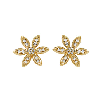 14K Gold Light Brown Diamond Flower Stud Earrings, Dainty Floral Jewelry