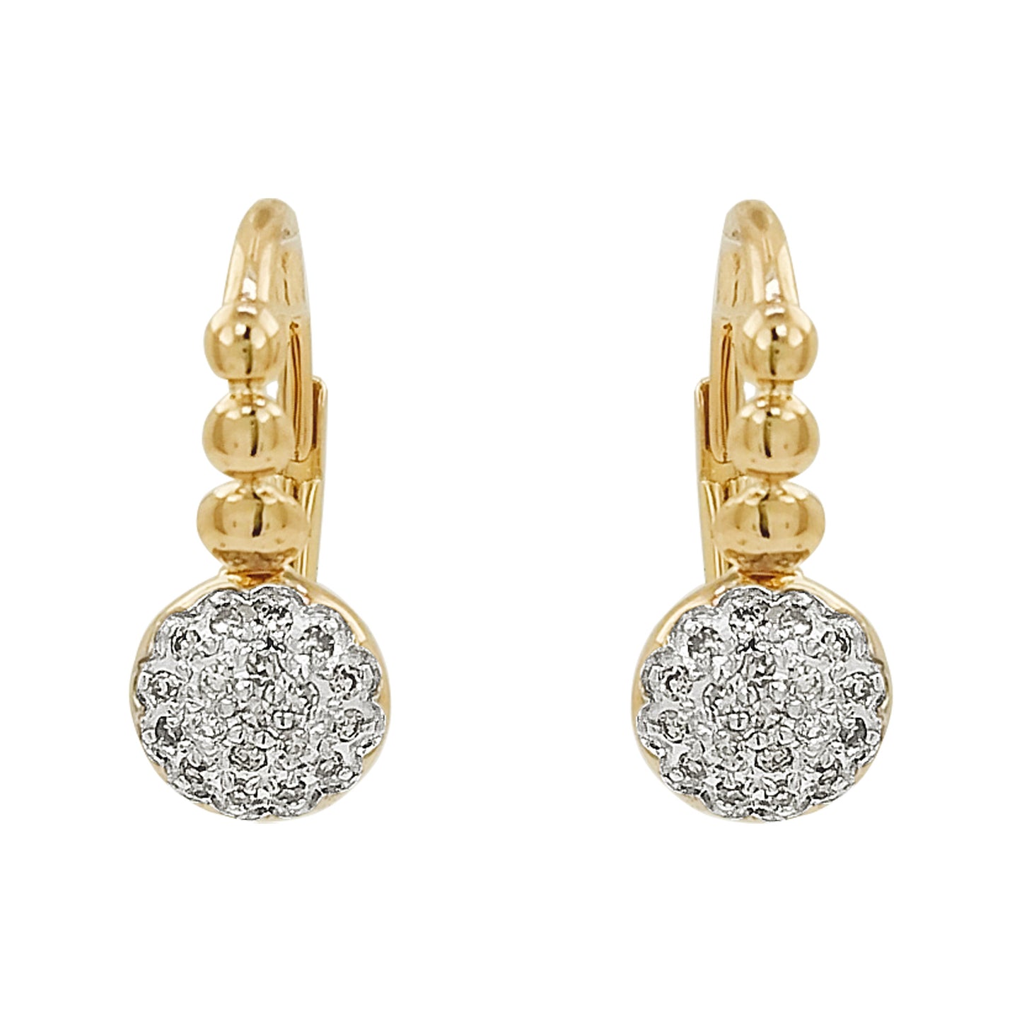14K Gold Light Brown Diamond Cluster Earrings, Beaded Lever Back Dangle
