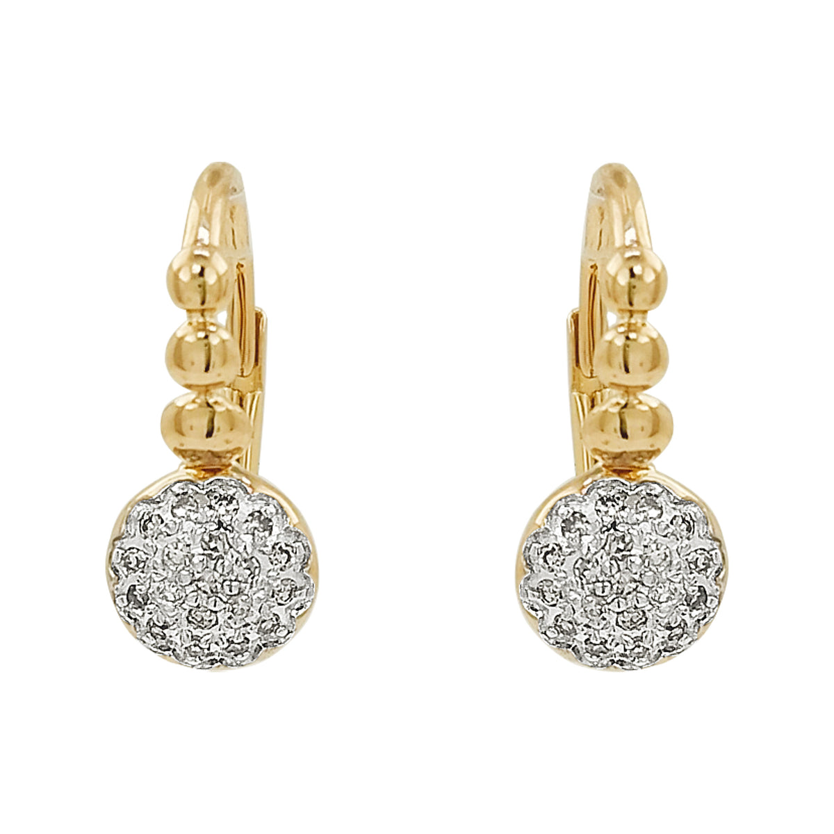 14K Gold Light Brown Diamond Cluster Earrings, Beaded Lever Back Dangle