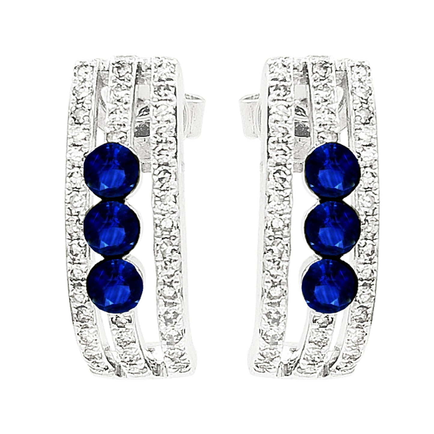14K White Gold Blue Sapphire Diamond Hoop Earrings