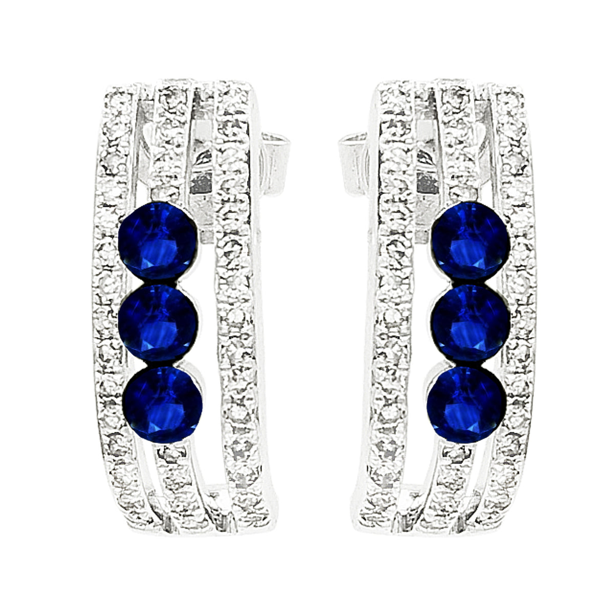 14K White Gold Blue Sapphire Diamond Hoop Earrings