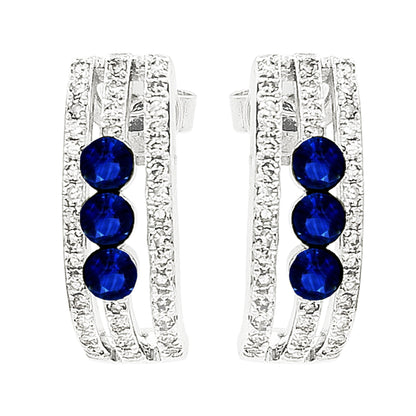 14K White Gold Blue Sapphire Diamond Hoop Earrings
