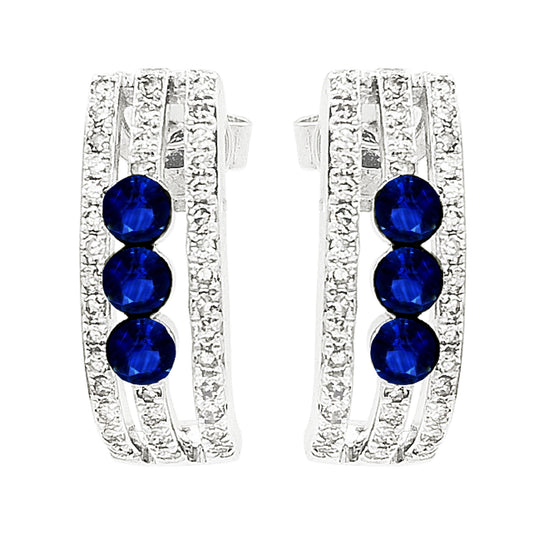 14K White Gold Blue Sapphire Diamond Hoop Earrings
