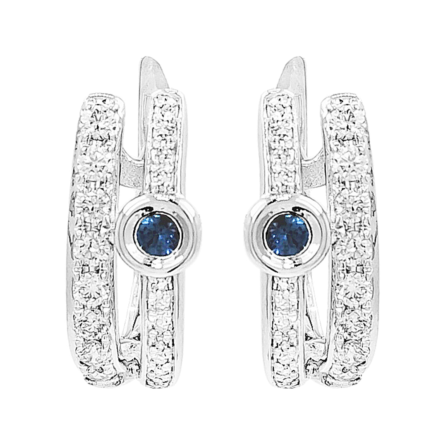 14K White Gold Sapphire Light Brown Diamond Huggie Earrings | Fine Jewelry
