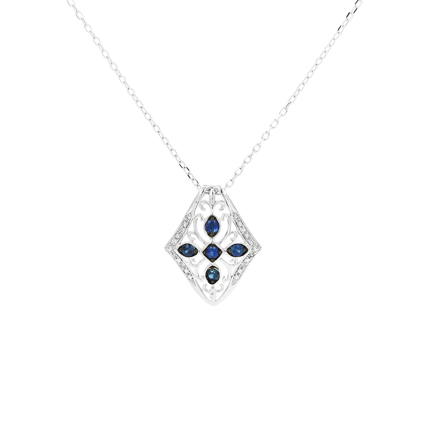 Art Deco Blue Sapphire & Light Brown Diamond Pendant | 14K White Gold Necklace