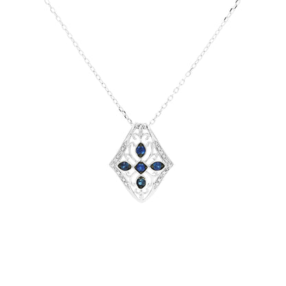 Art Deco Blue Sapphire & Light Brown Diamond Pendant | 14K White Gold Necklace
