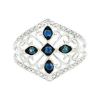 Vintage Art Deco Blue Sapphire Ring, Black Plating, Light Brown Diamond 14K White Gold
