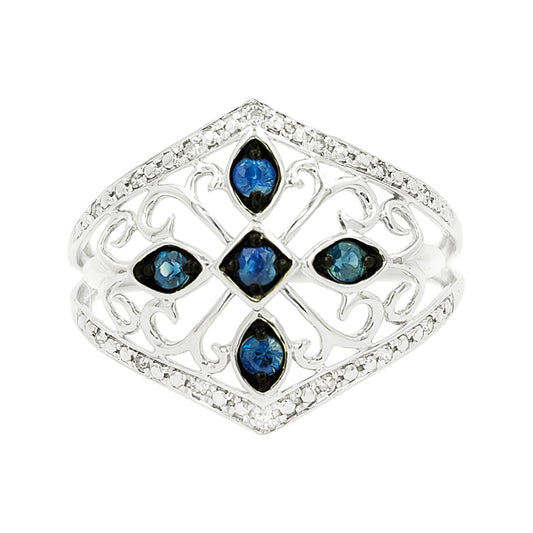 Vintage Art Deco Blue Sapphire Ring, Black Plating, Light Brown Diamond 14K White Gold