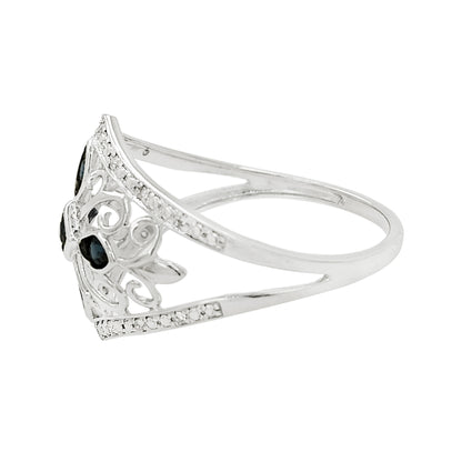 Vintage Art Deco Blue Sapphire Ring, Black Plating, Light Brown Diamond 14K White Gold