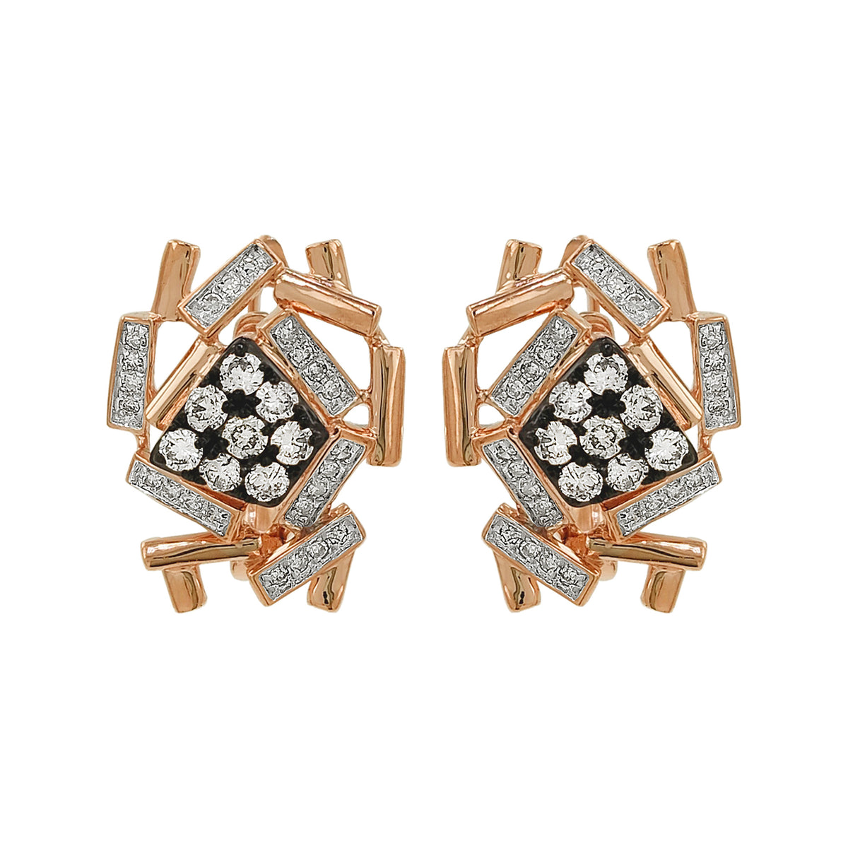 Geometric Light Brown Diamond Earrings, Black Enamel 14K Rose Gold Studs, Art Deco Jewelry
