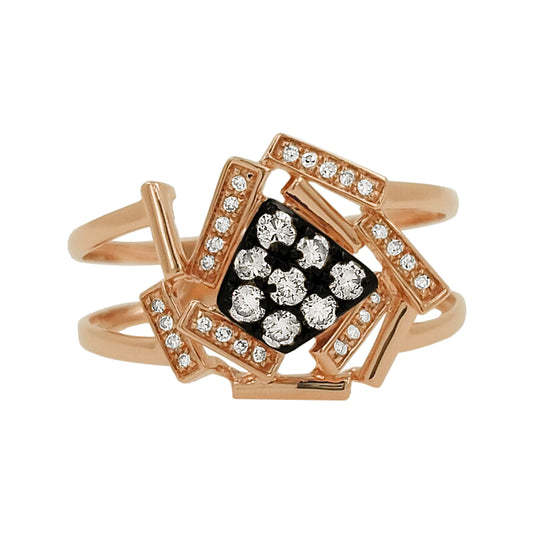 Geometric Light Brown Diamond Ring, Black Enamel 14K Rose Gold, Art Deco Jewelry