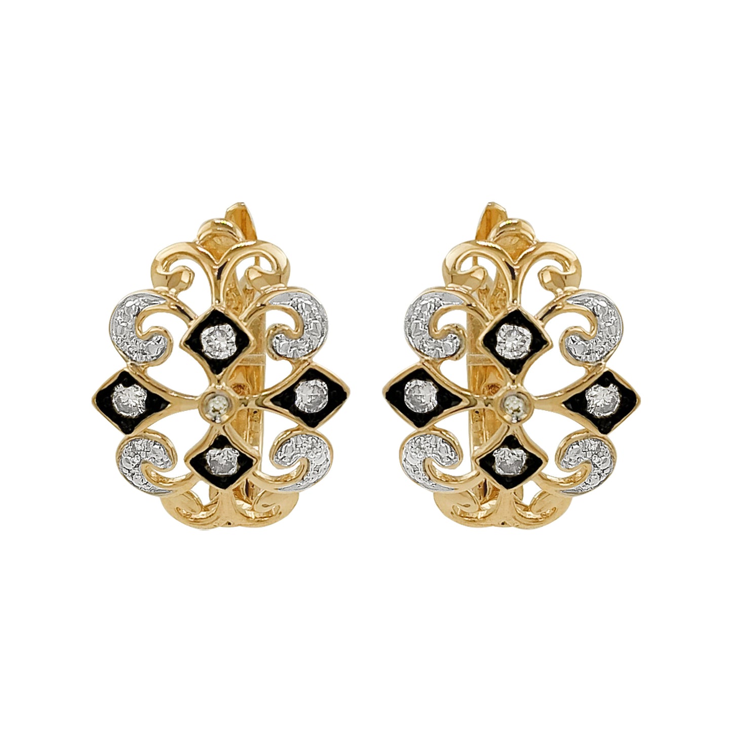 14K Gold Light Brown Diamond Filigree Earrings, Black Plating, Art Deco Leverback