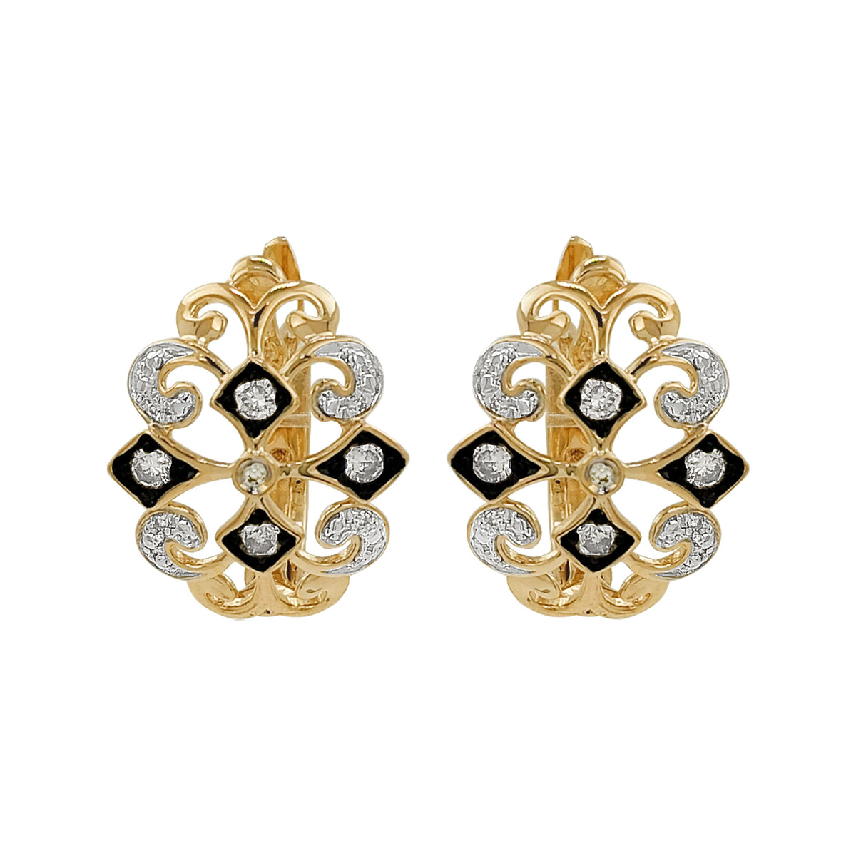 14K Gold Light Brown Diamond Filigree Earrings, Black Plating, Art Deco Leverback
