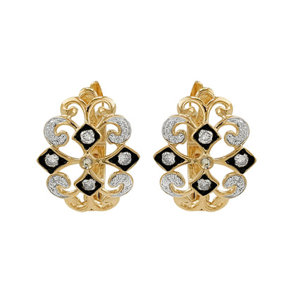 14K Gold Light Brown Diamond Filigree Earrings, Black Plating, Art Deco Leverback