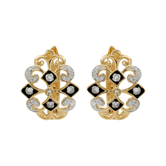 14K Gold Light Brown Diamond Filigree Earrings, Black Plating, Art Deco Leverback
