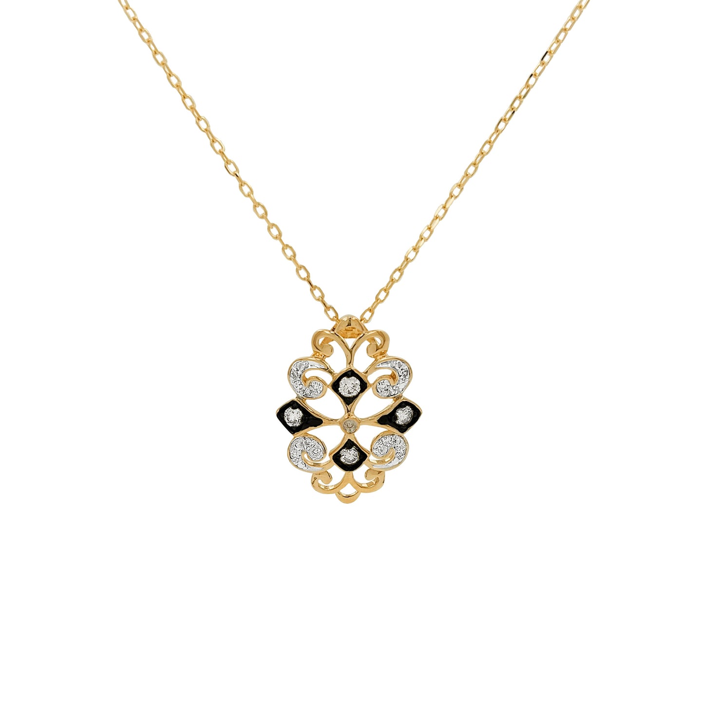14K Gold Light Brown Diamond Pendant Necklace, Black Plating Art Deco Filigree, 18 Inch