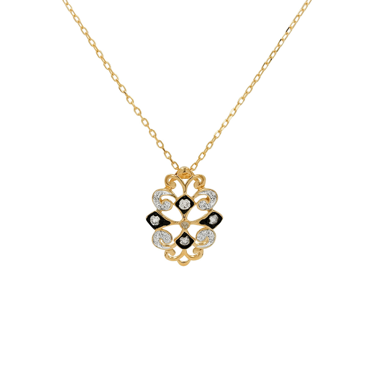 14K Gold Light Brown Diamond Pendant Necklace, Black Plating Art Deco Filigree, 18 Inch