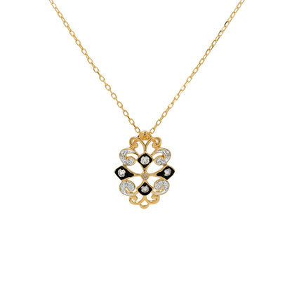 14K Gold Light Brown Diamond Pendant Necklace, Black Plating Art Deco Filigree, 18 Inch