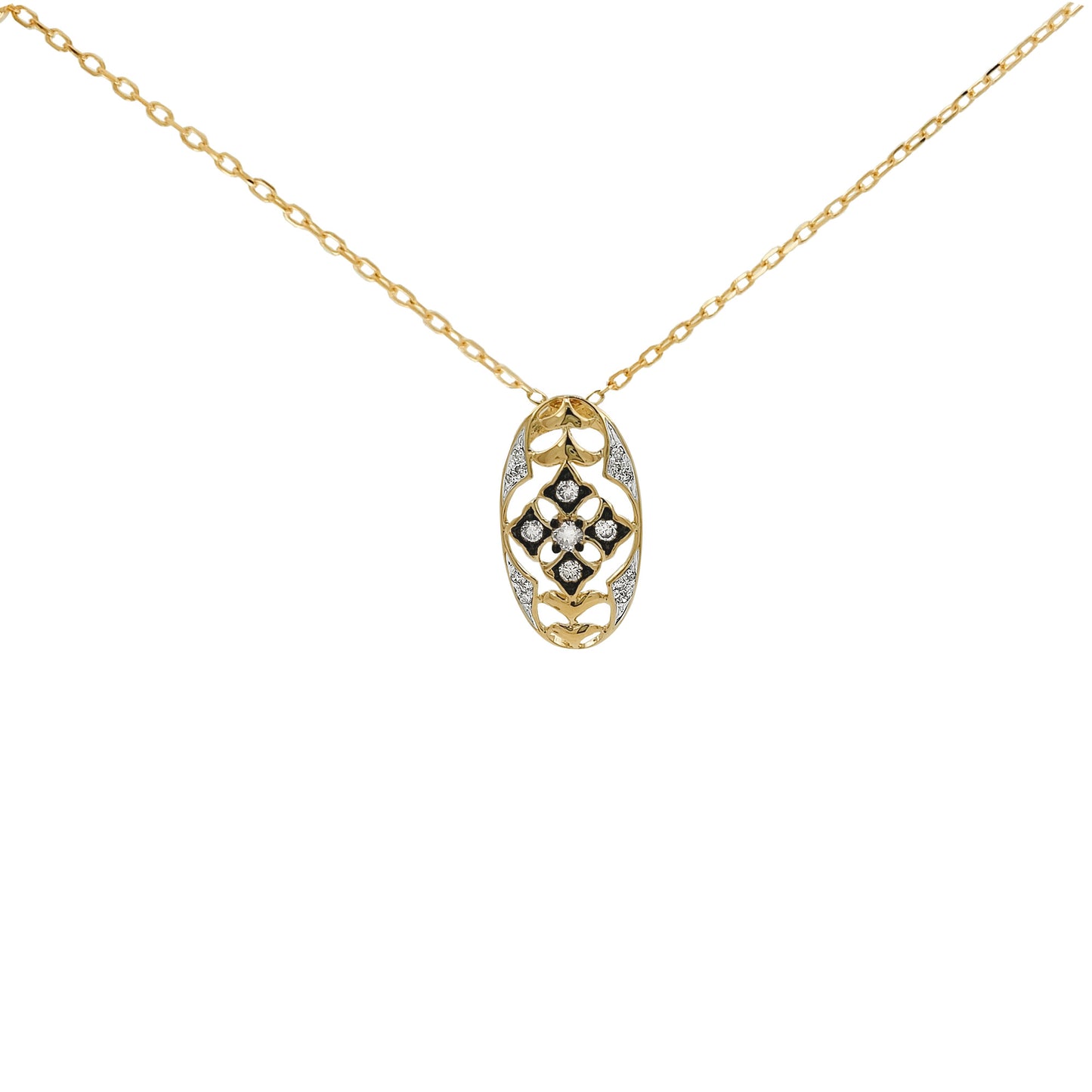 14K Gold Light Brown Diamond Filigree Pendant, Black Plating Art Deco Necklace