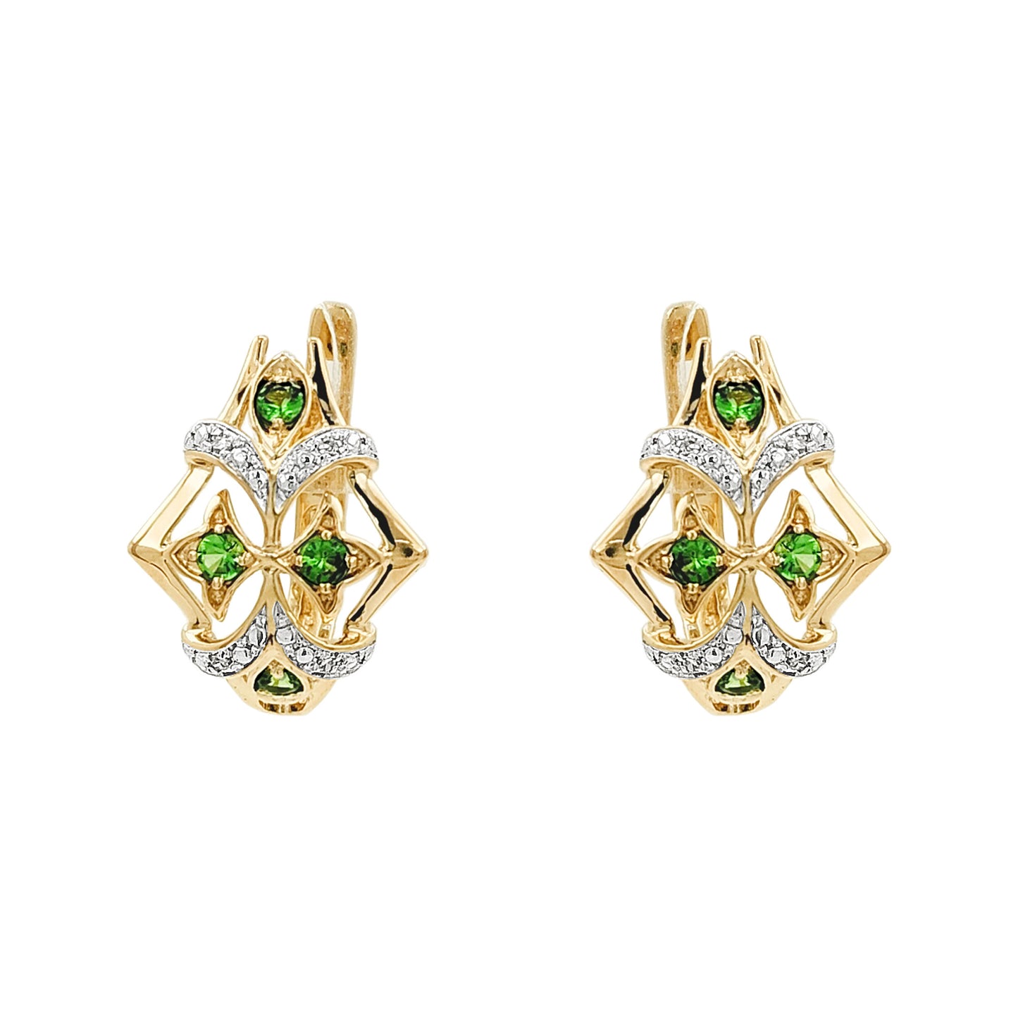 14K Gold Tsavorite & Light Brown Diamond Earrings, Art Deco Filigree Dangle