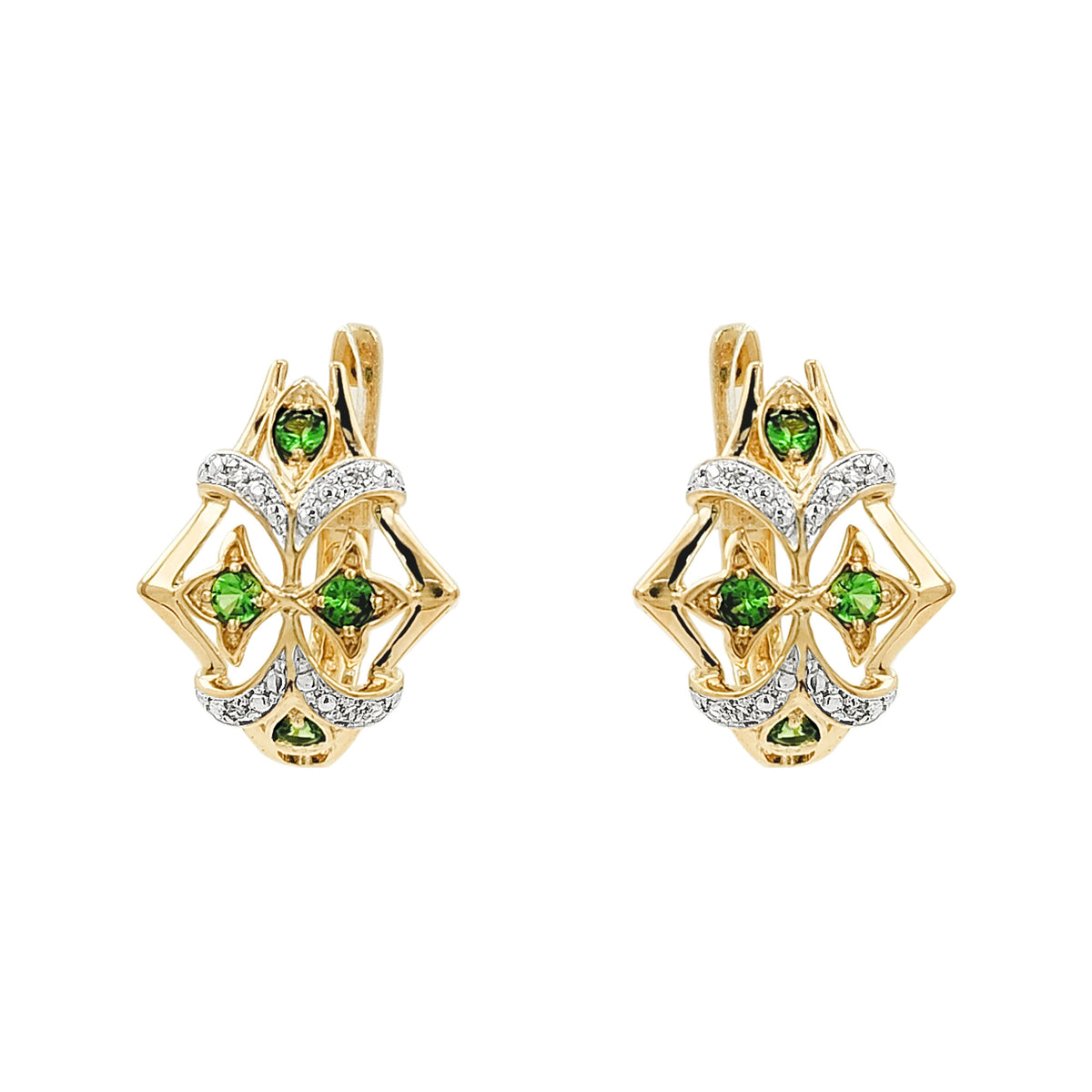 14K Gold Tsavorite & Light Brown Diamond Earrings, Art Deco Filigree Dangle