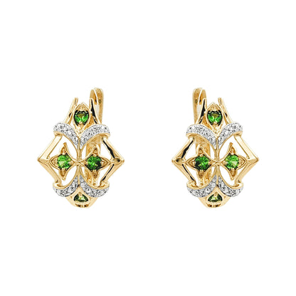 14K Gold Tsavorite & Light Brown Diamond Earrings, Art Deco Filigree Dangle