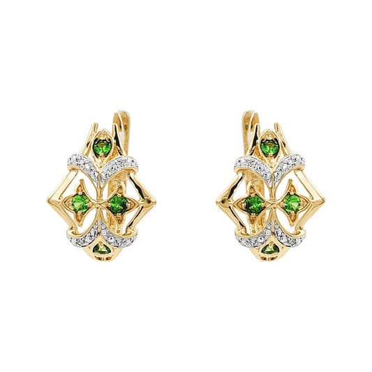 14K Gold Tsavorite & Light Brown Diamond Earrings, Art Deco Filigree Dangle