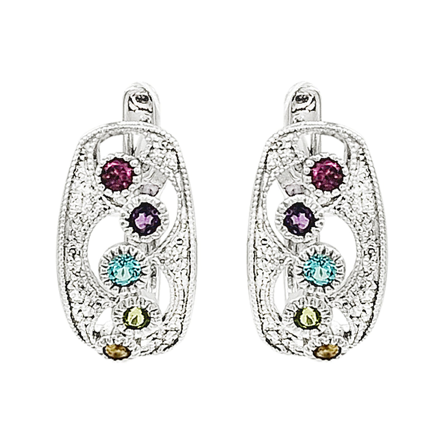 14K White Gold Multi Gemstone Leverback Earrings, Diamond Filigree