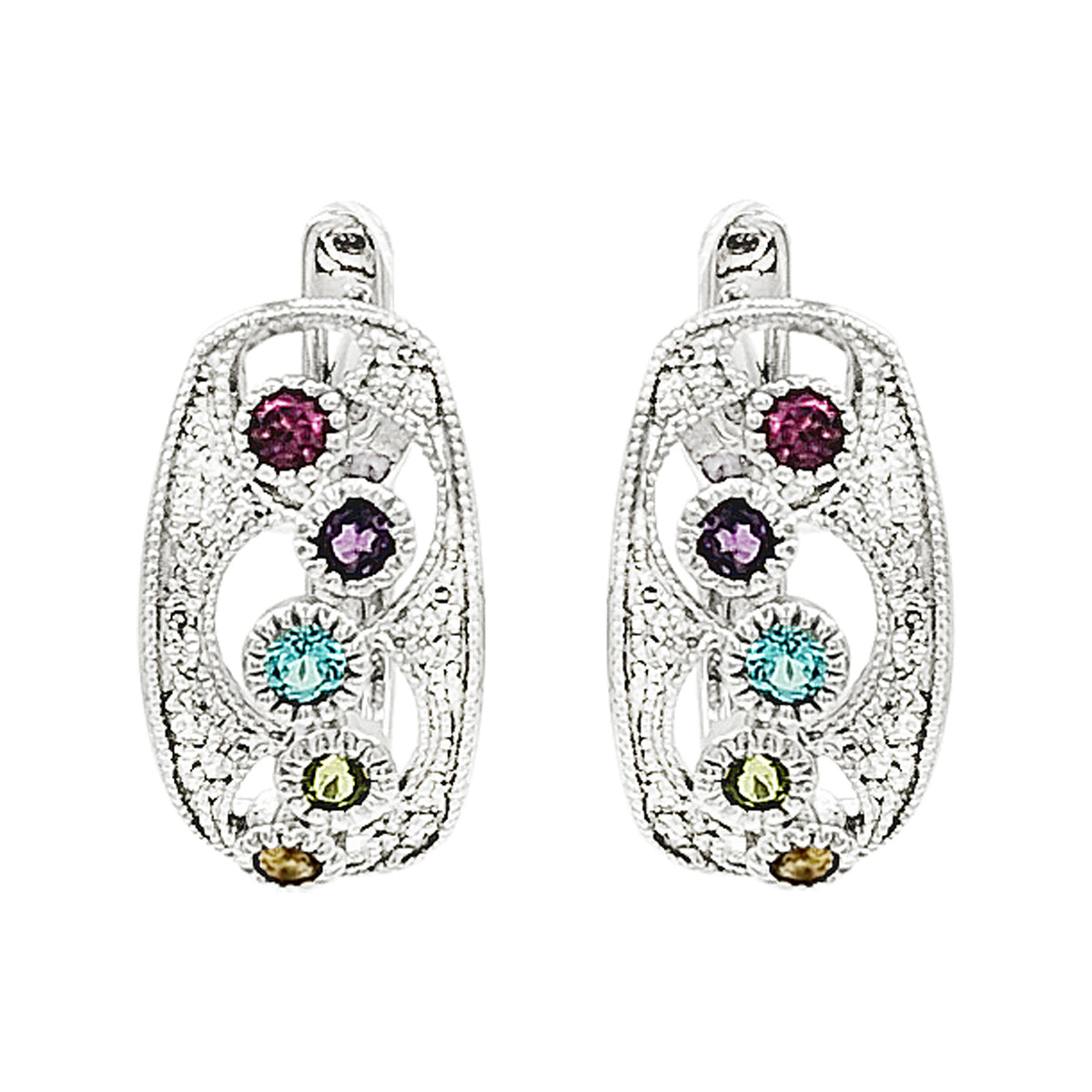14K White Gold Multi Gemstone Leverback Earrings, Diamond Filigree