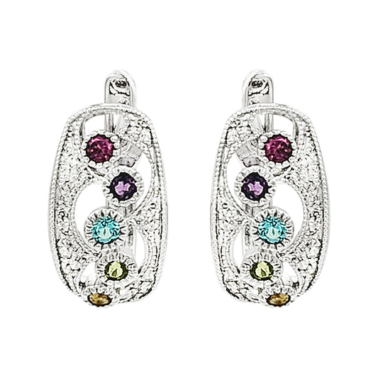 14K White Gold Multi Gemstone Leverback Earrings, Diamond Filigree