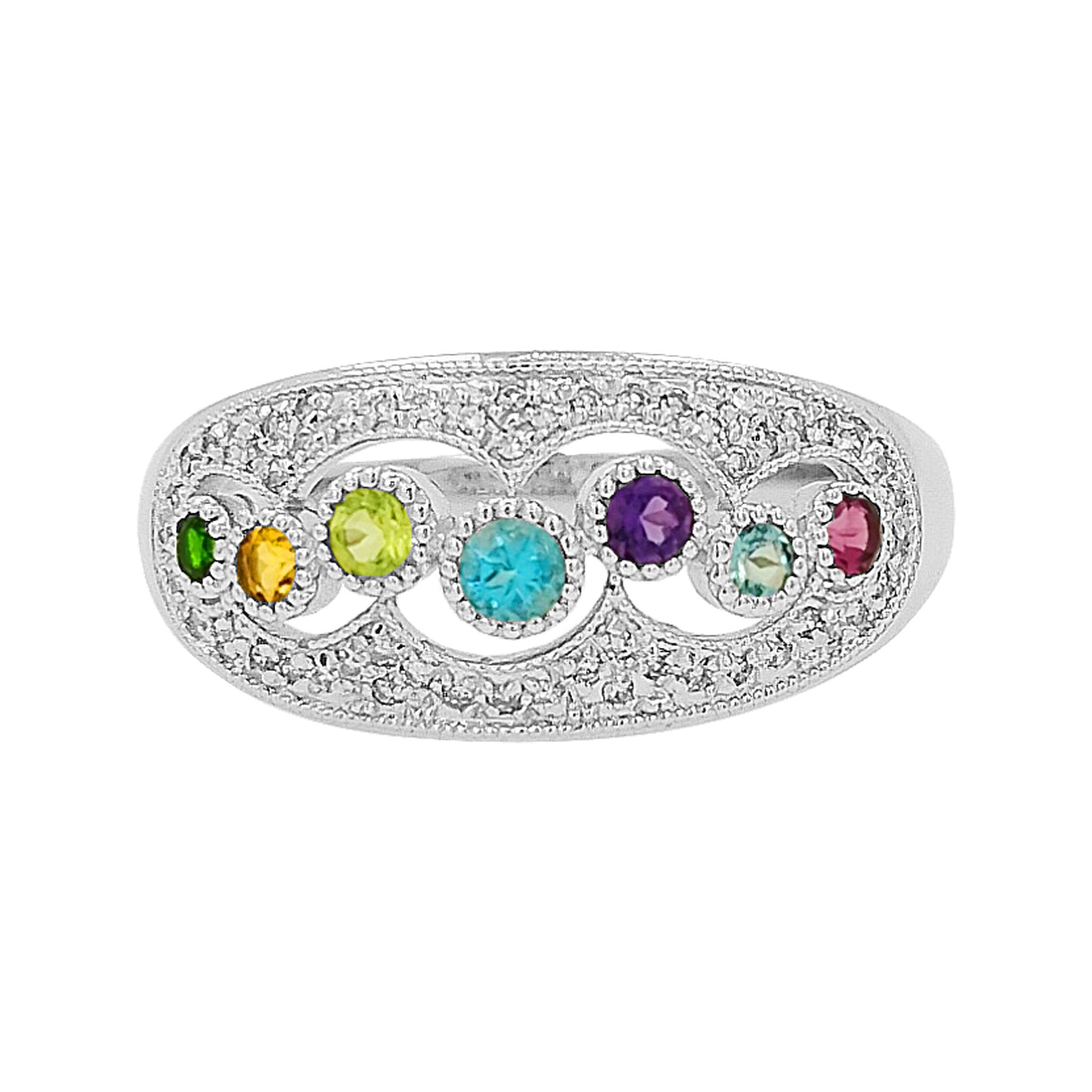 14K White Gold Multi Gemstone & Light Brown Diamond Ring, Family Birthstone Jewelry
