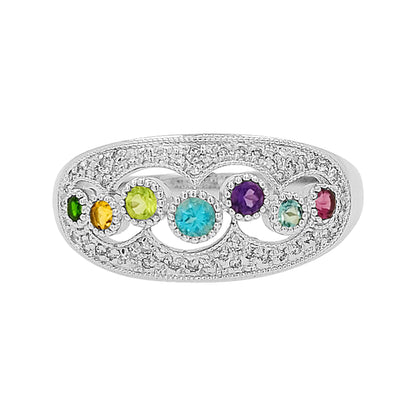14K White Gold Multi Gemstone & Light Brown Diamond Ring, Family Birthstone Jewelry