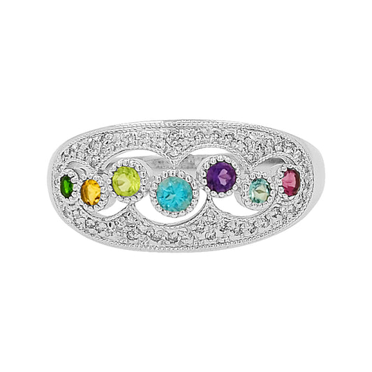 14K White Gold Multi Gemstone & Light Brown Diamond Ring, Family Birthstone Jewelry