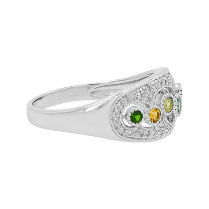 14K White Gold Multi Gemstone & Light Brown Diamond Ring, Family Birthstone Jewelry