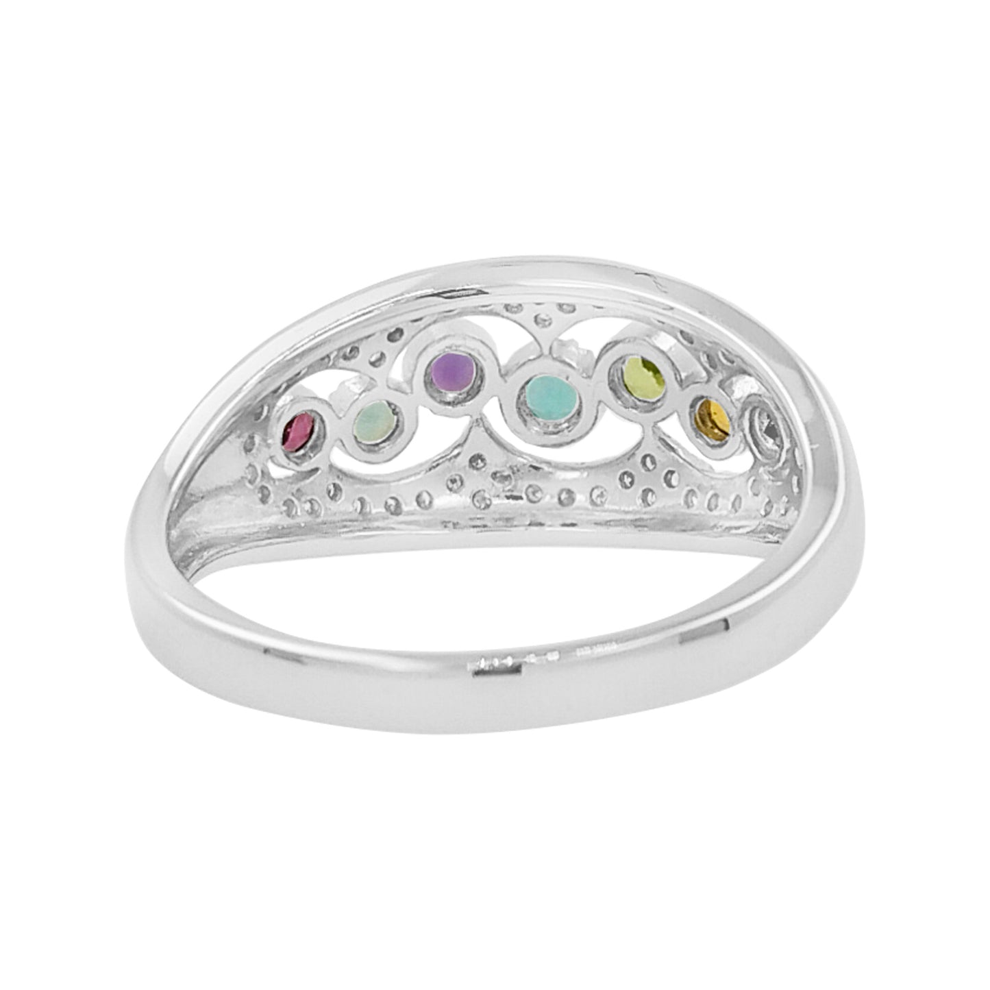 14K White Gold Multi Gemstone & Light Brown Diamond Ring, Family Birthstone Jewelry