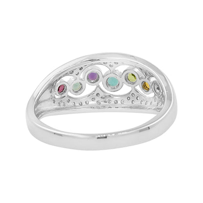 14K White Gold Multi Gemstone & Light Brown Diamond Ring, Family Birthstone Jewelry