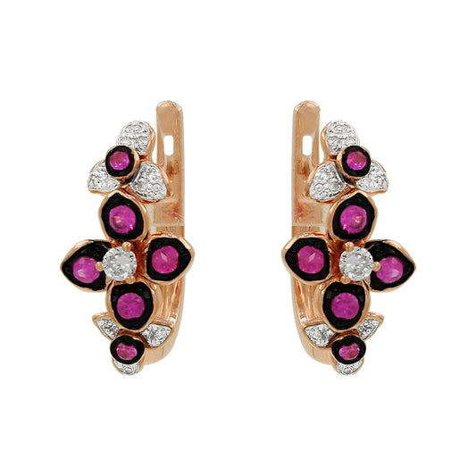 14K Rose Gold Light Brown Diamond Ruby Pink Sapphire Floral Earrings, Black Plating
