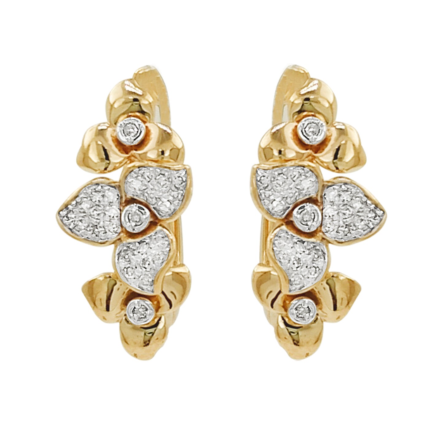 14K Gold Light Brown Diamond Floral Earrings, Botanical Stud Hoops