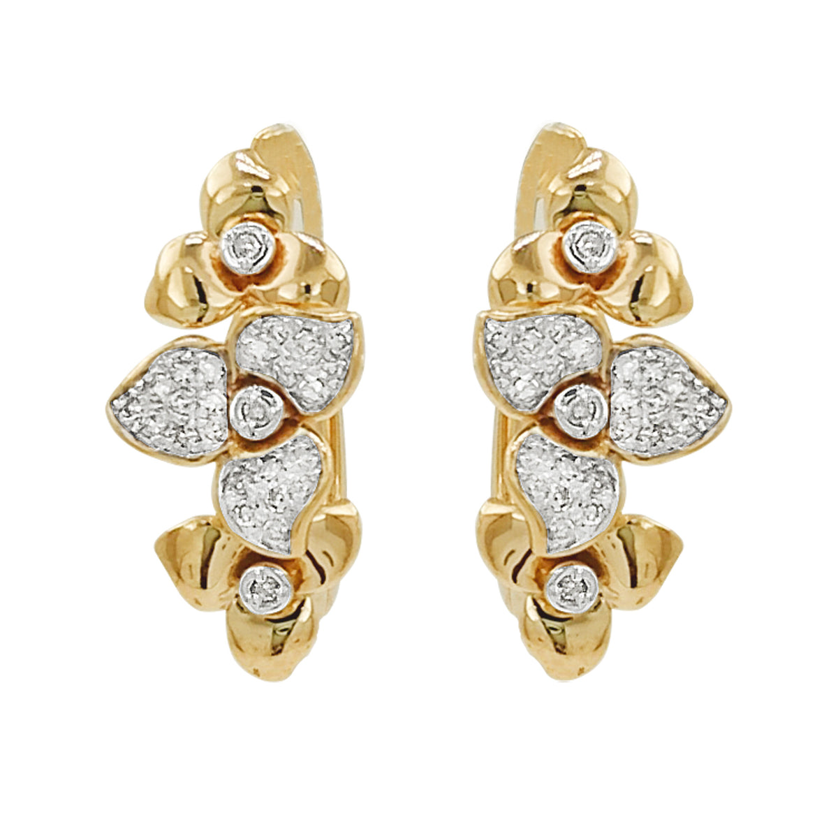 14K Gold Light Brown Diamond Floral Earrings, Botanical Stud Hoops