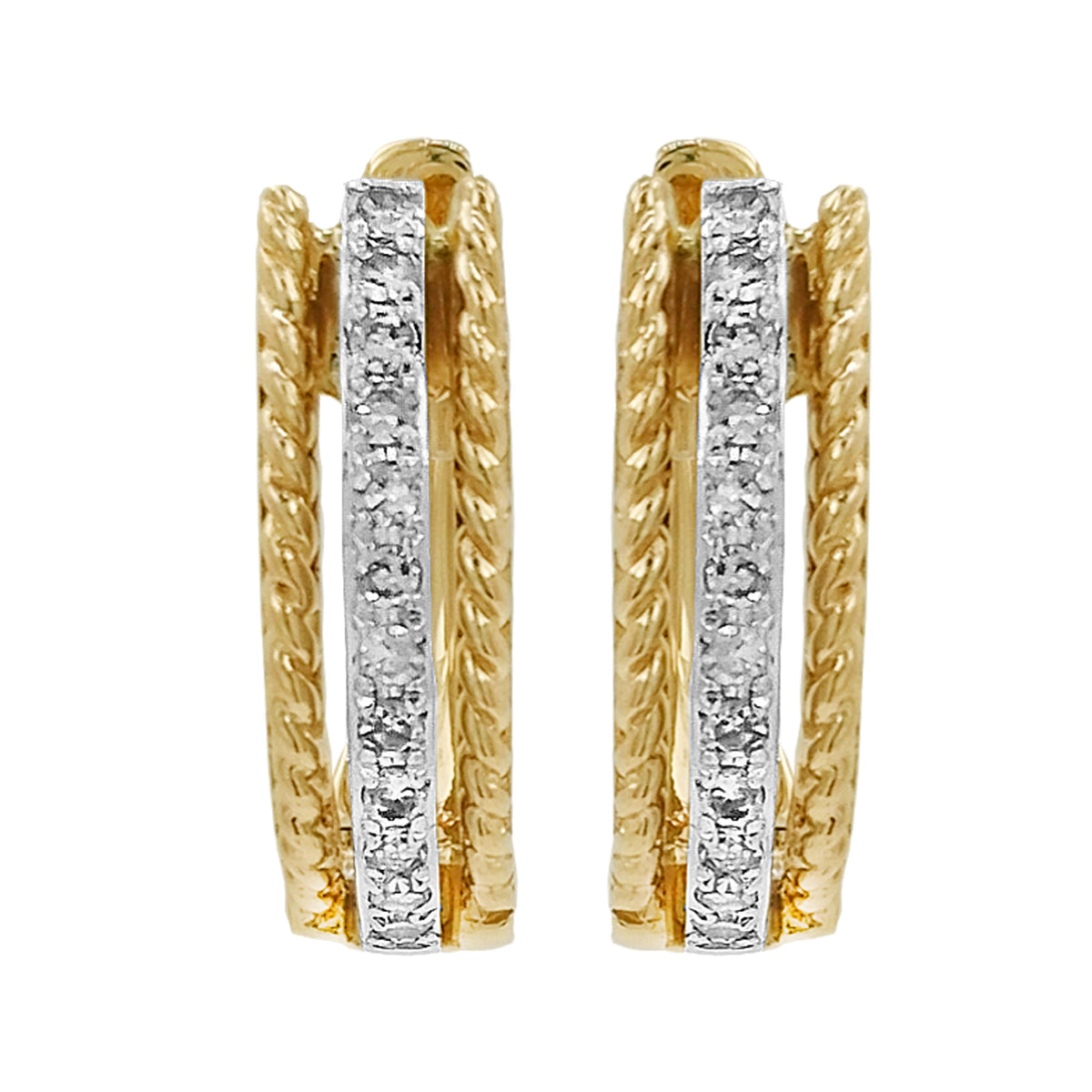 14K Two-Tone Gold Light Brown Diamond Huggie Earrings | Rope Hoop