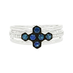 14K White Gold Blue Sapphire Light Brown Diamond Ring, Celestial Cross Cluster
