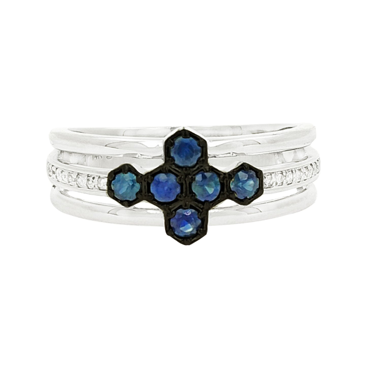 14K White Gold Blue Sapphire Light Brown Diamond Ring, Celestial Cross Cluster