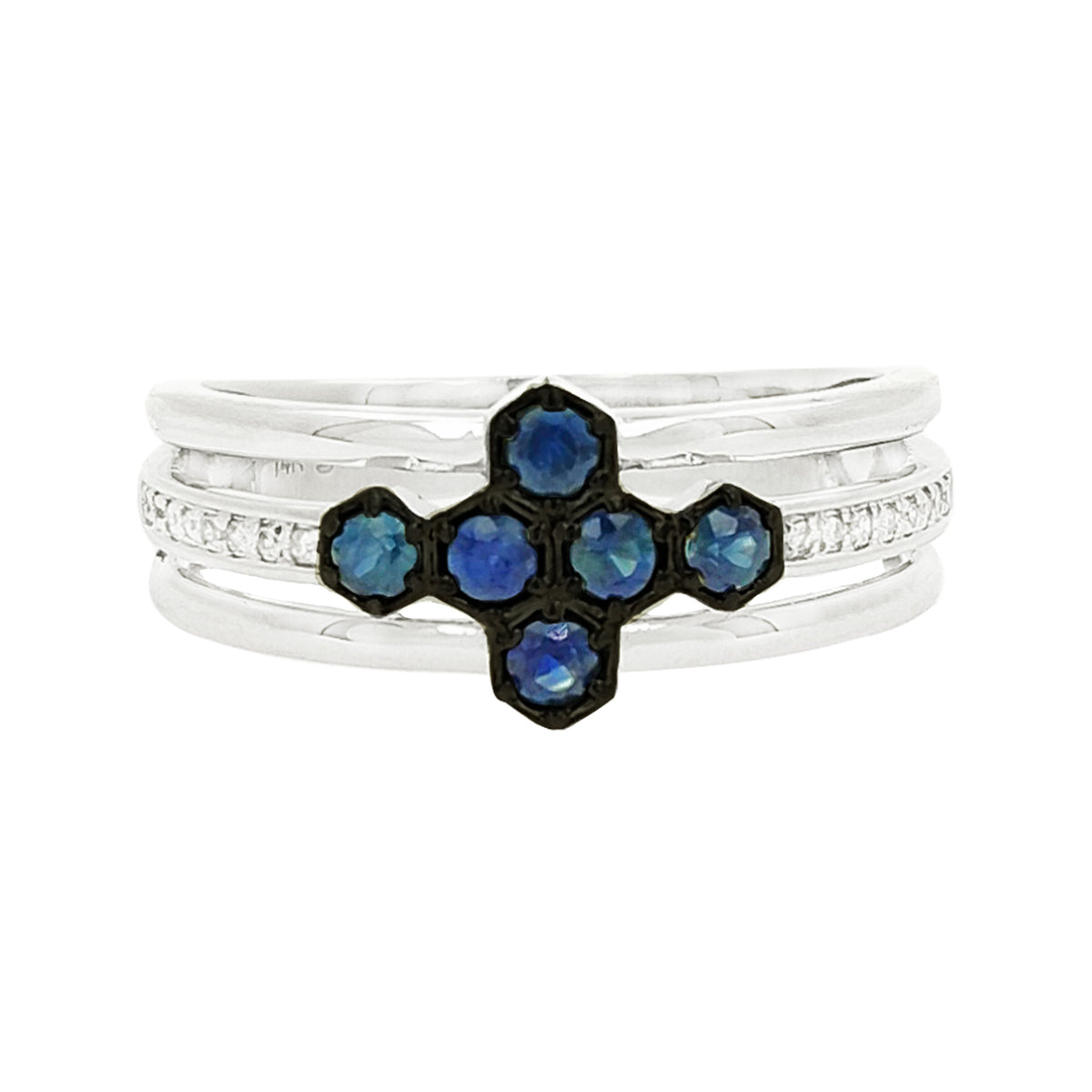 14K White Gold Blue Sapphire Light Brown Diamond Ring, Celestial Cross Cluster