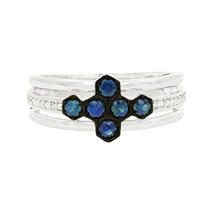 14K White Gold Blue Sapphire Light Brown Diamond Ring, Celestial Cross Cluster