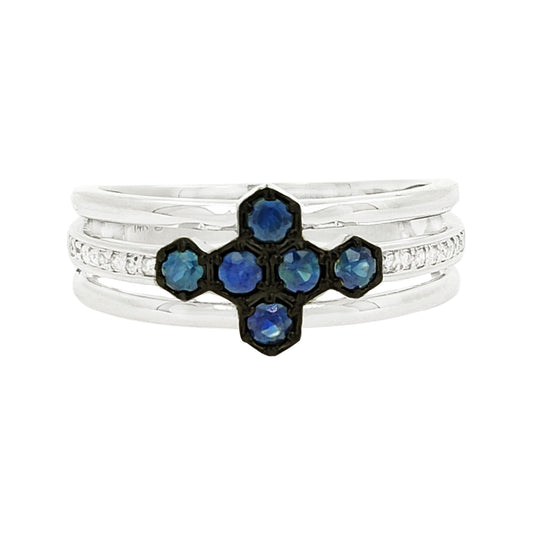14K White Gold Blue Sapphire Light Brown Diamond Ring, Celestial Cross Cluster