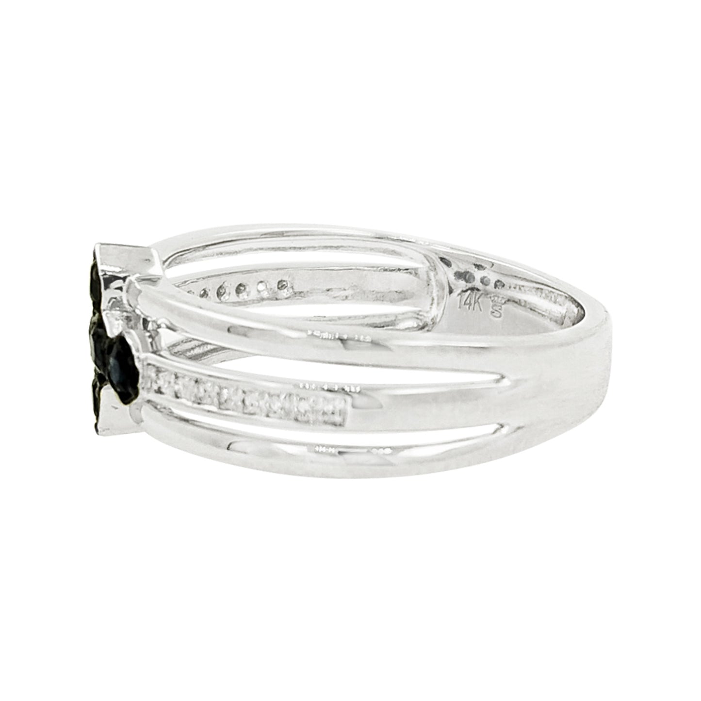 14K White Gold Blue Sapphire Light Brown Diamond Ring, Celestial Cross Cluster