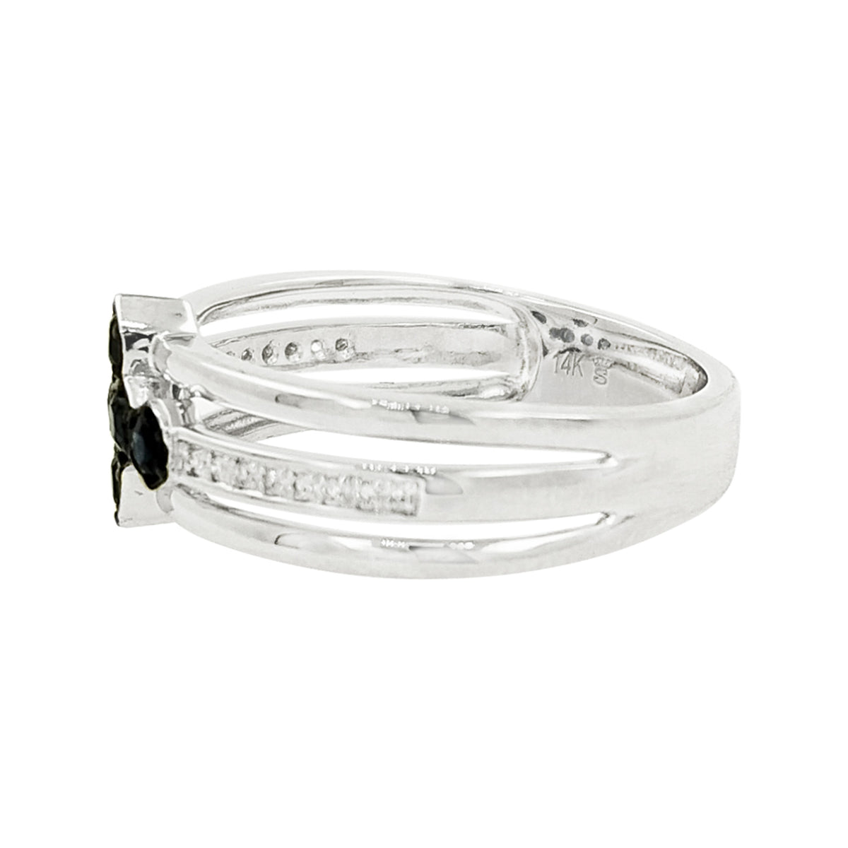 14K White Gold Blue Sapphire Light Brown Diamond Ring, Celestial Cross Cluster