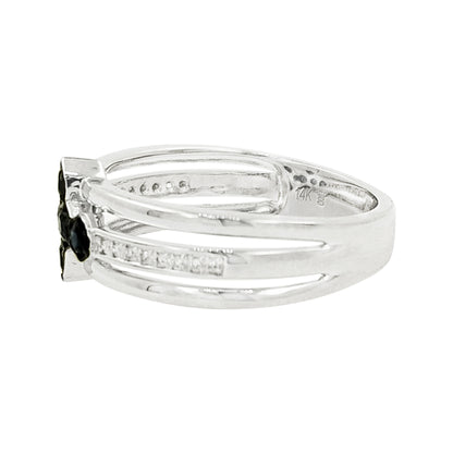 14K White Gold Blue Sapphire Light Brown Diamond Ring, Celestial Cross Cluster