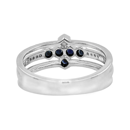 14K White Gold Blue Sapphire Light Brown Diamond Ring, Celestial Cross Cluster